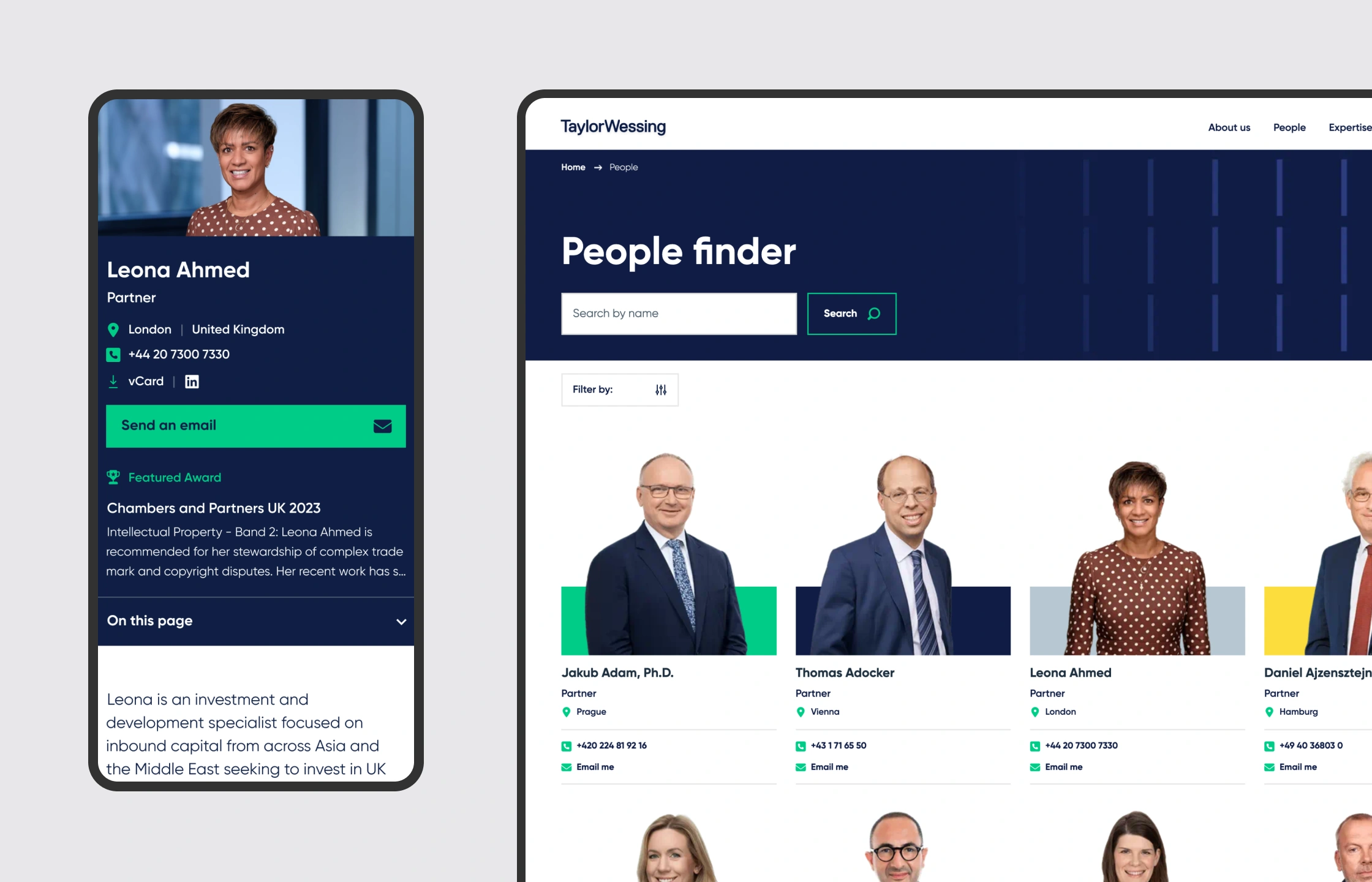 Mobile view of global law firm Taylor Wessing’s website, redesigned through a web experimentation programme to improve digital performance and client engagement.